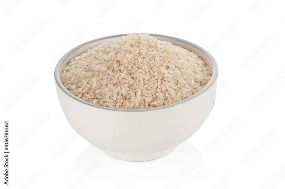 Dry rice in ceramic bowl isolated on white background Dry rice in ceramic bowl isolated on white background