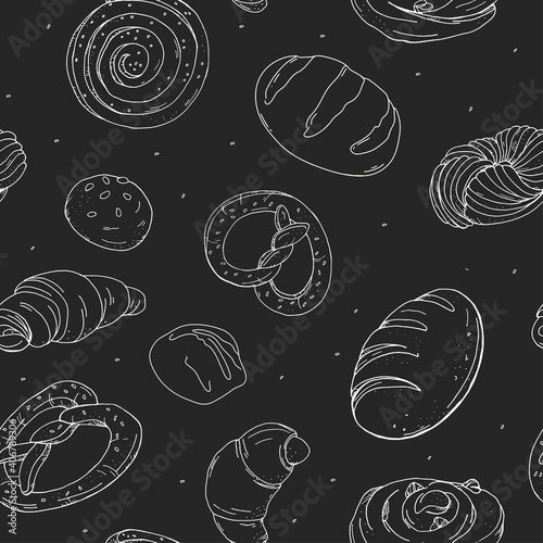 Pattern with sweet pastries. Croissants, buns, doughnuts, pretzels. Vector illustration. White outline on a black background.