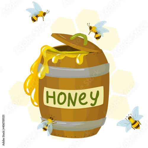 wooden barrel with honey bees around on the background of honeycomb.
wreath drawn in cartoon style vector illustration isolated on white background