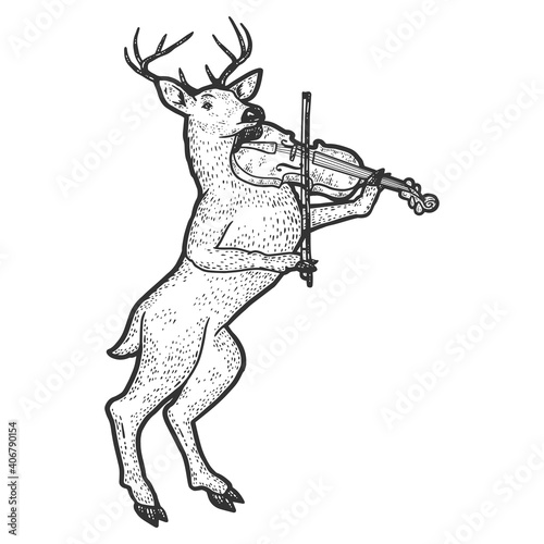 Reindeer Playing Violin. Engraving vector illustration. Sketch scratch