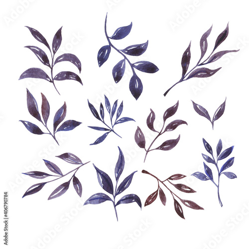 Set of purple and violet leaves. Hand drawn watercolor illustration.