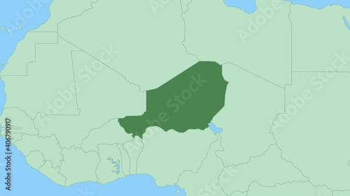 Map of Niger with pin of country capital. Niger Map with neighboring countries in green color.
