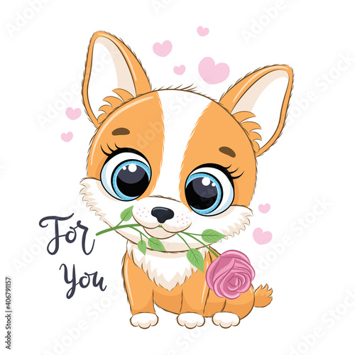 Cute little dog with flower. Happy Valentine's day clipart.
