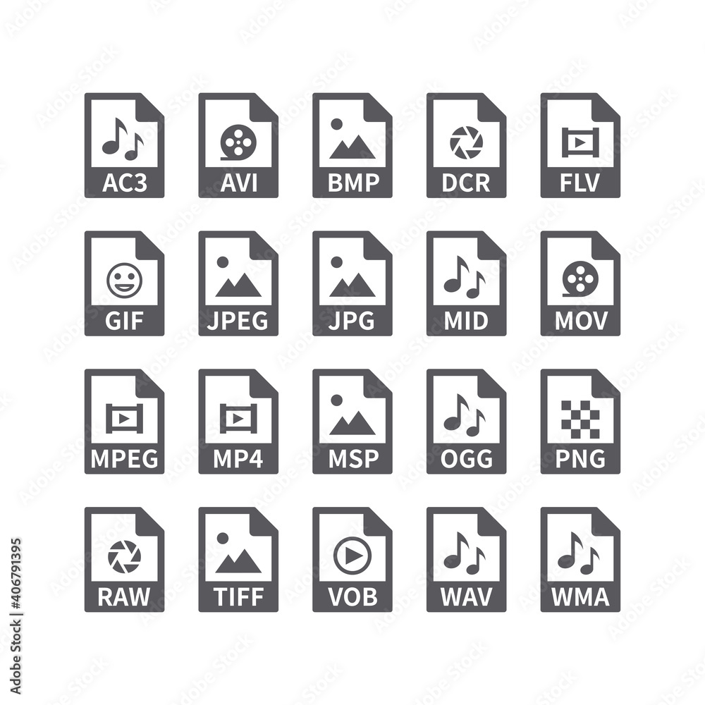 File type vector icons for media files. Avi, Mp3, music and video, picture formats buttons.