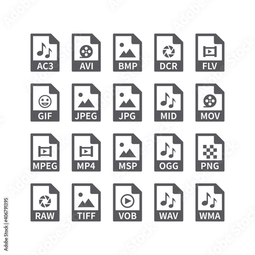 File type vector icons for media files. Avi, Mp3, music and video, picture formats buttons. photo
