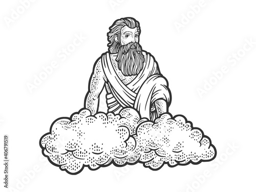 god on the cloud sketch engraving vector illustration. T-shirt apparel print design. Scratch board imitation. Black and white hand drawn image.