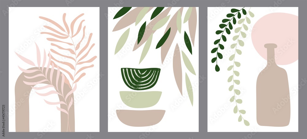 Set of creative minimalist hand painted illustrations with decorative branches, leaves, flowers and abstract color spots. For postcard, poster, poster, brochure, cover design.