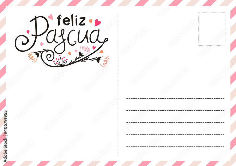 Spanish Happy Easter postcard with flowers and hearts. Cute greeting card. Hand drawn airmail envelope. Vector illustration for Spain. Translation: Happy Easter