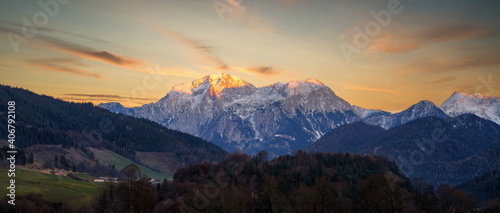 Alps Panorama and Berghof on the Left, southern Bavaria, Germany, taken in December 2020