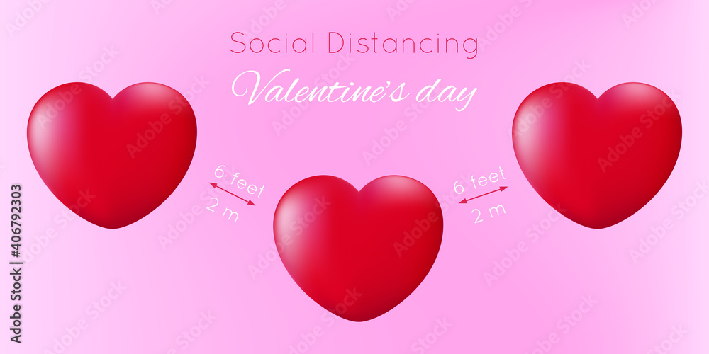 Celebrating Valentine's Day safely during the coronavirus pandemic. 3 hearts are located at a safe distance from each other. The concept of safe love during covid 19. Vector illustration love banner.