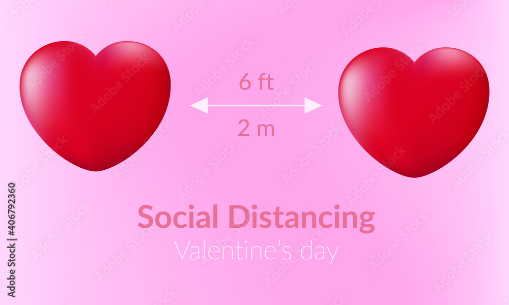 Celebrating Valentine's Day safely during the coronavirus pandemic. The concept of safe love during covid 19. 2 hearts are located at a safe distance from each other. Vector illustration love banner.