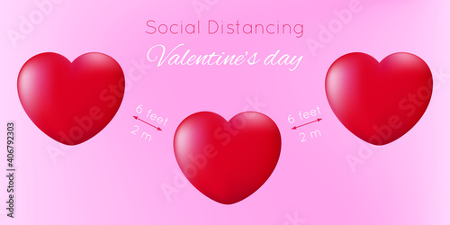 Celebrating Valentine's Day safely during the coronavirus pandemic. 3 hearts are located at a safe distance from each other. The concept of safe love during covid 19. Vector illustration love banner.