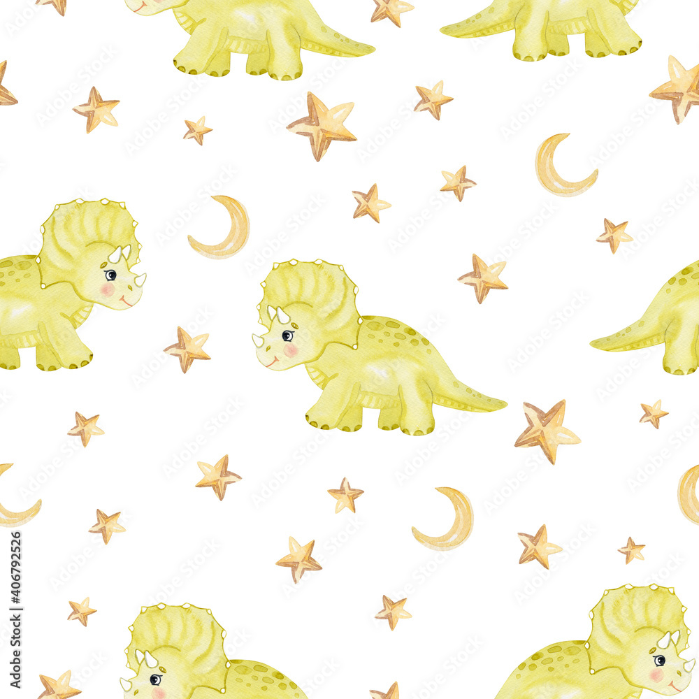 Obraz premium Watercolor green baby dinosaur and stars seamless pattern on white background. Baby dino print for fabric, textile, wrapping, scrapbook, wallpaper