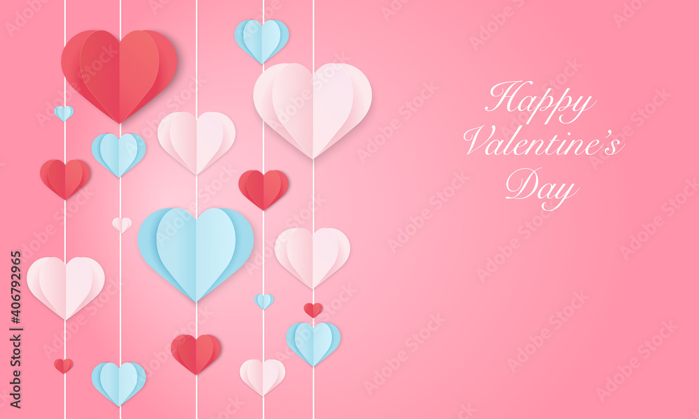 Red, blue, and pink hearts shape hanging on a pink background, happy valentine's day calligraphy. Vector illustration. Paper cut pattern decoration