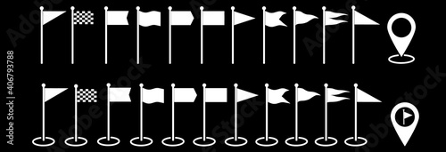 Set of white flags icon. Vector map markers set,location marker symbol,map pointer.Vector illustration in EPS 10 isolated on black background.