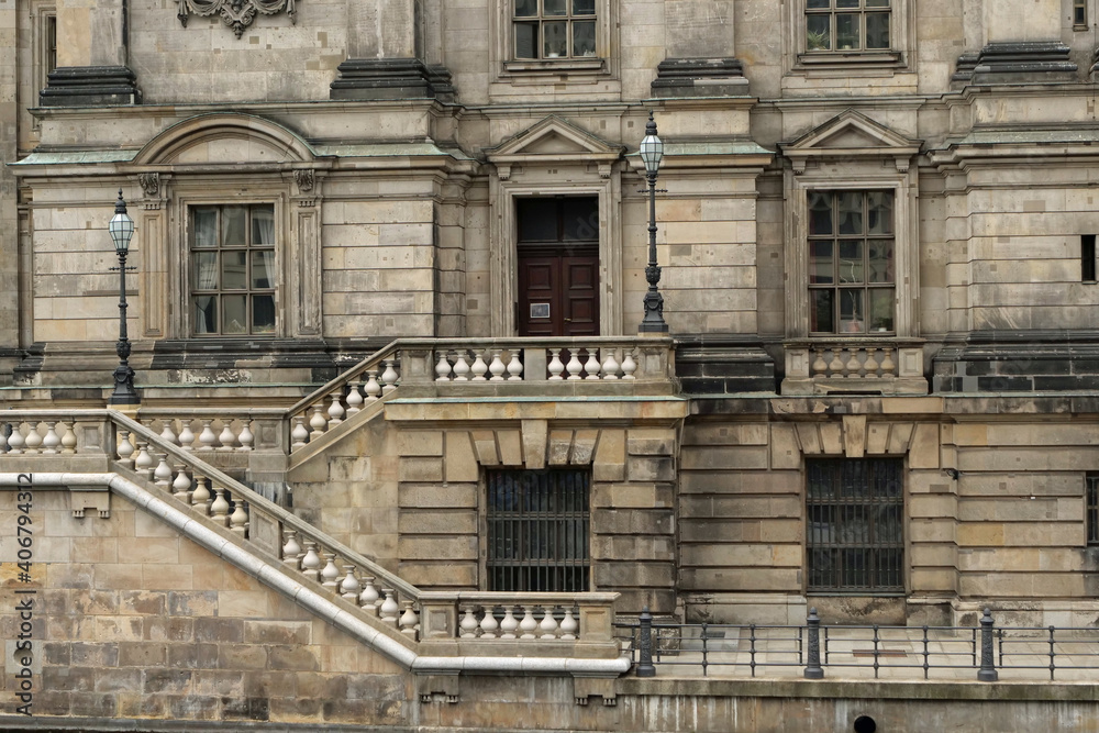 Close-up of a pair of stairs on the side of the neo-renaissance style Berlin Cathedral; Berlin, Germany, Europe