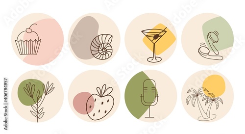 Vector set of round boho icons and emblems for social media story highlight covers. Hand-drawn trendy design templates for bloggers, designers and photographers.