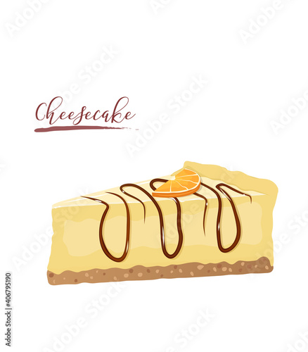 Sweet tasty cheesecake with a slice of an orange and chocolate topping