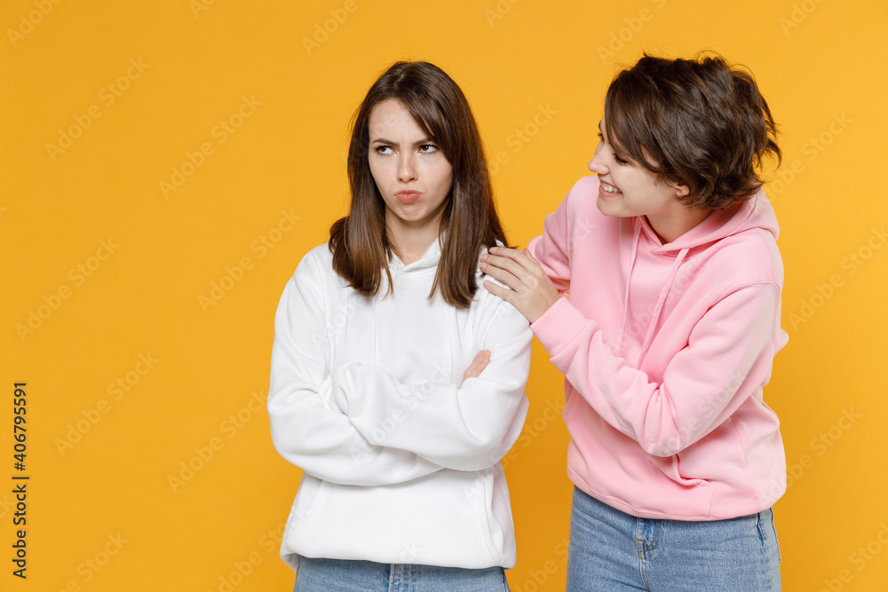 Displeased offended smiling funny two young women friends 20s wearing casual white pink hoodies holding hands crossed hugging apologizing isolated on bright yellow color background studio portrait. Displeased offended smiling funny two young women friends 20s wearing casual white pink hoodies holding hands crossed hugging apologizing isolated on bright yellow color background studio portrait.