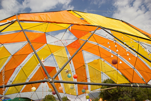 Mobile dome decoration design. A Geodesic Dome Tents. A hemispherical thin-shell structure lattice-shell based on a geodesic polyhedron. photo