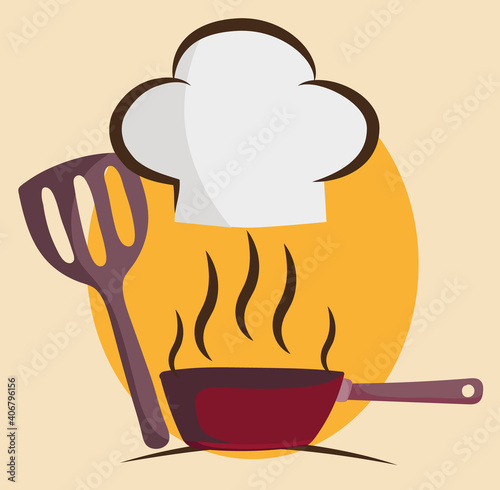 cooking chef hat spatula and saucepan in cartoon style