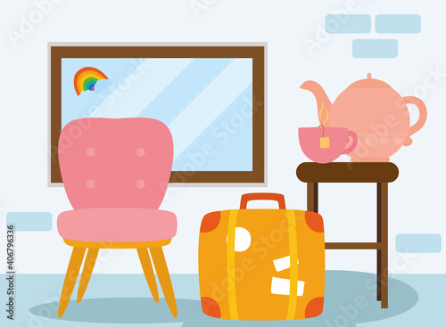 home chair bag tea cup and teapot on table vector design