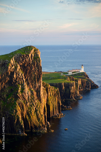 Neist Point Lighthouse at sunset, Isle of Skye, Scotland. 