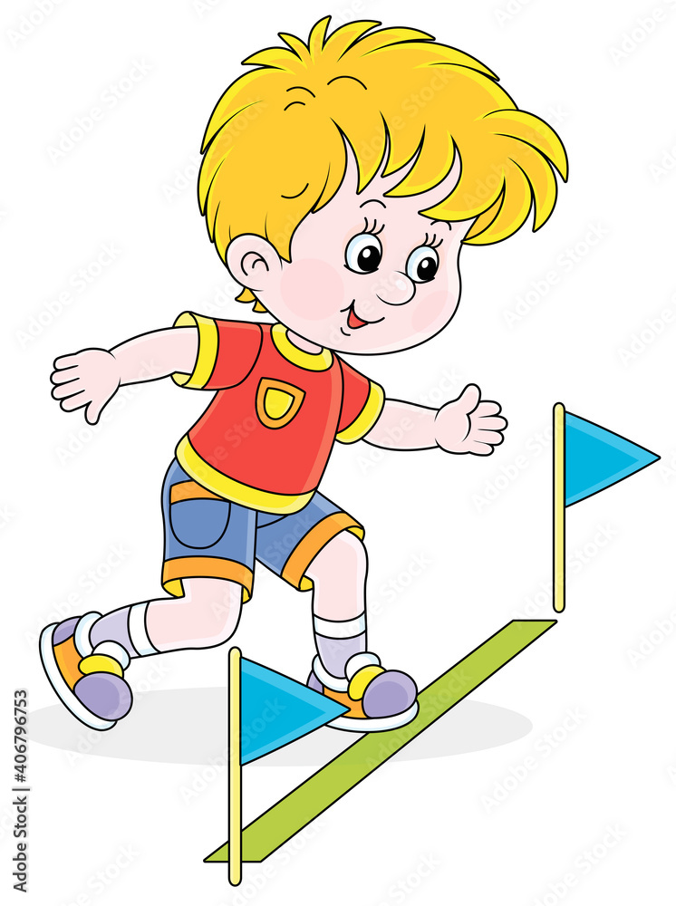 Little boy at the start of a running race at an athletics competition on a sports ground, vector cartoon illustration isolated on a white background Little boy at the start of a running race at an athletics competition on a sports ground, vector cartoon illustration isolated on a white background