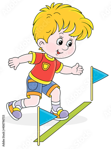Little boy at the start of a running race at an athletics competition on a sports ground, vector cartoon illustration isolated on a white background