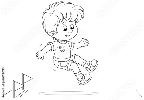 Cheerful little boy in a long jump with a running start at a competition on a sports ground, black and white outline vector cartoon illustration for a coloring book page