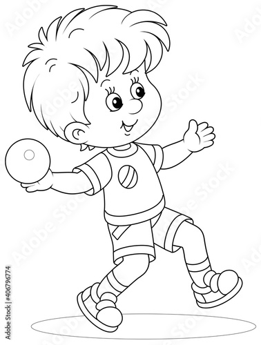 Little boy throwing a ball at range at an athletics competition on a sports ground, black and white outline vector cartoon illustration for a coloring book page