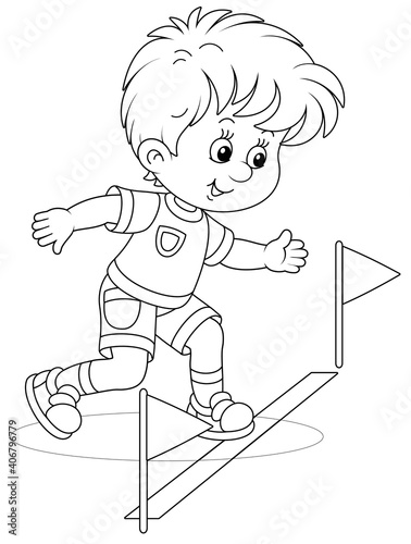 Little boy at the start of a running race at an athletics competition on a sports ground, black and white outline vector cartoon illustration for a coloring book page