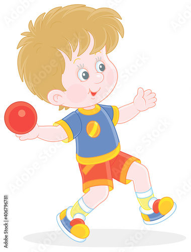 Little boy throwing a ball at range at an athletics competition on a sports ground, vector cartoon illustration isolated on a white background