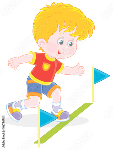 Little boy at the start of a running race at an athletics competition on a sports ground, vector cartoon illustration isolated on a white background