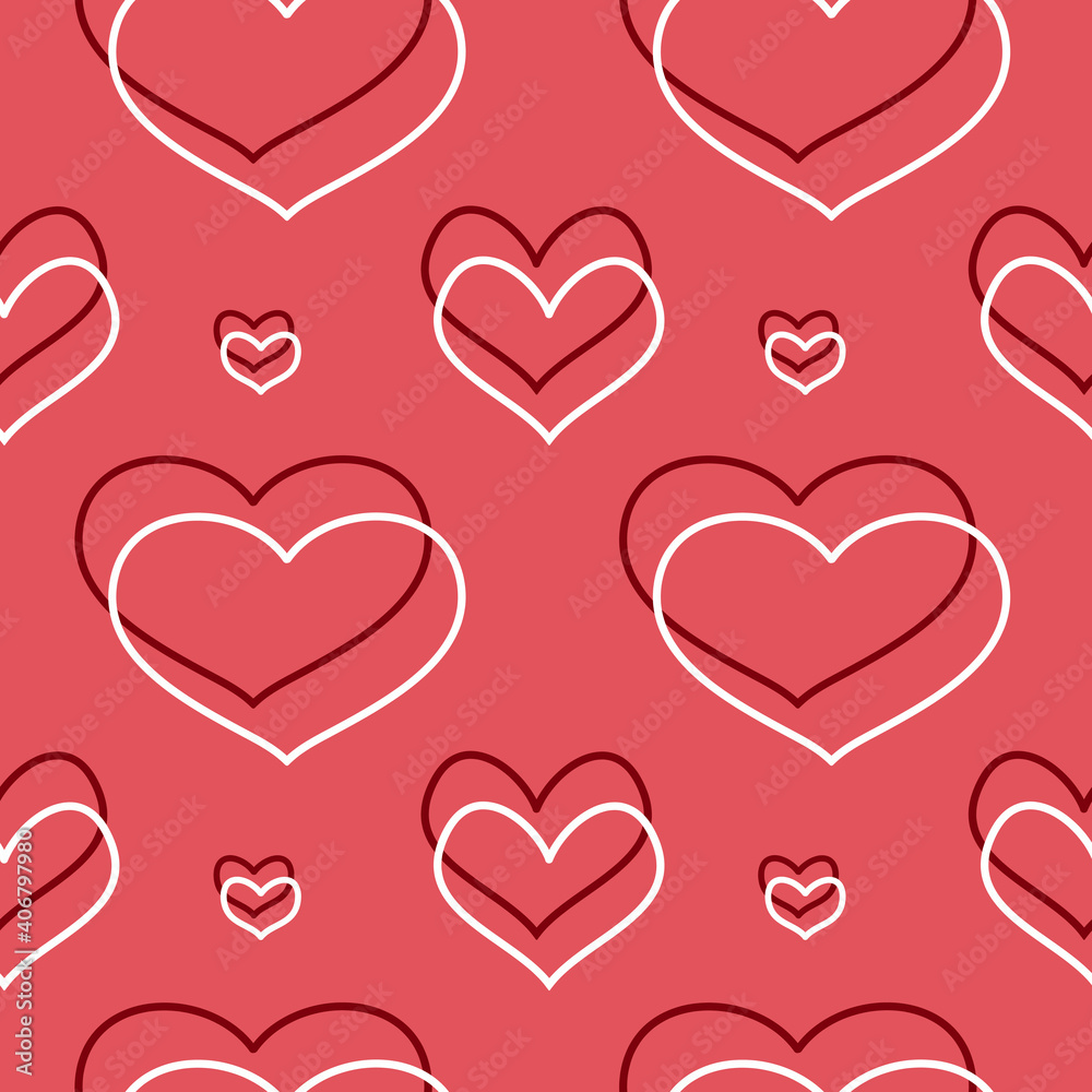 Seamless vector pattern with cute romantic hearts. Vintage hand drawn texture. Ruby and white line objects on red background. For wrapping paper, textile, print, banner, packaging, fabric, gift, web.