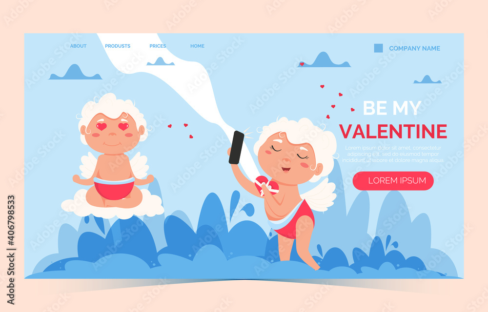 Fototapeta premium Valentine Cupid love angel landing page. Cute boy or girl cupid. Flying angel