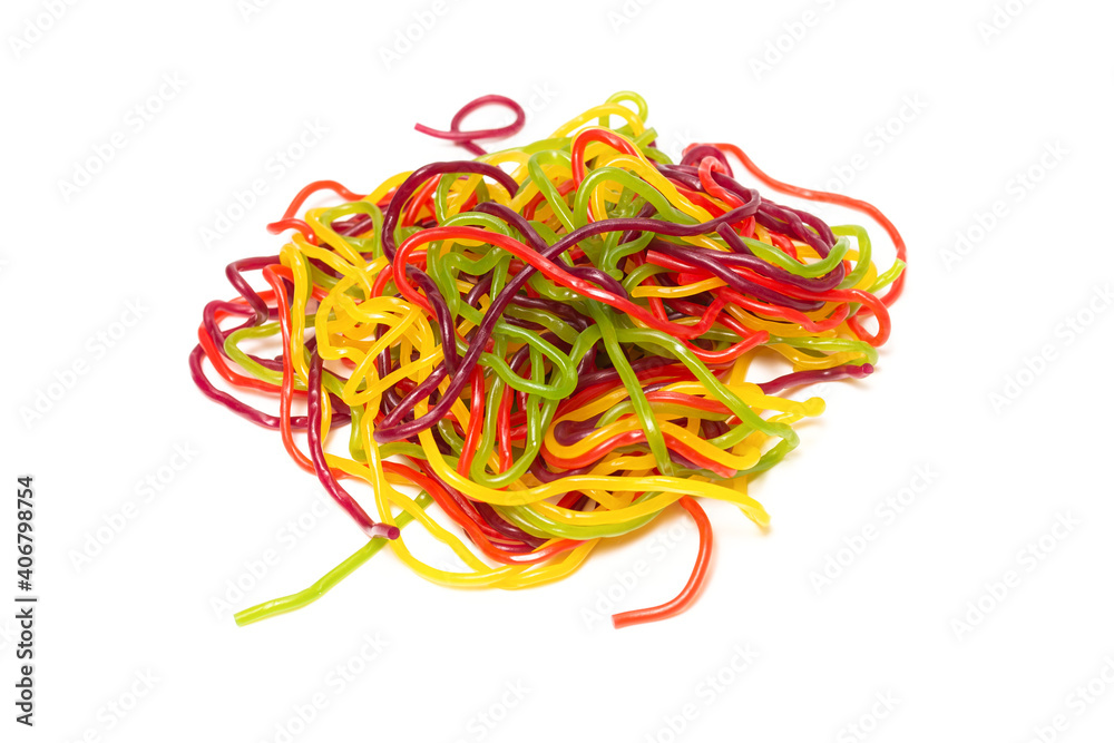 Tasty jelly spaghetti isolated on white background. Candy stripes. Tasty jelly spaghetti isolated on white background. Candy stripes.
