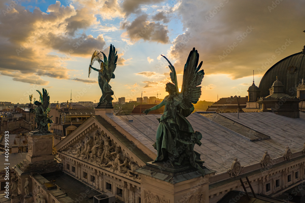 Sculptures on Lviv opera house, Ukraine from drone