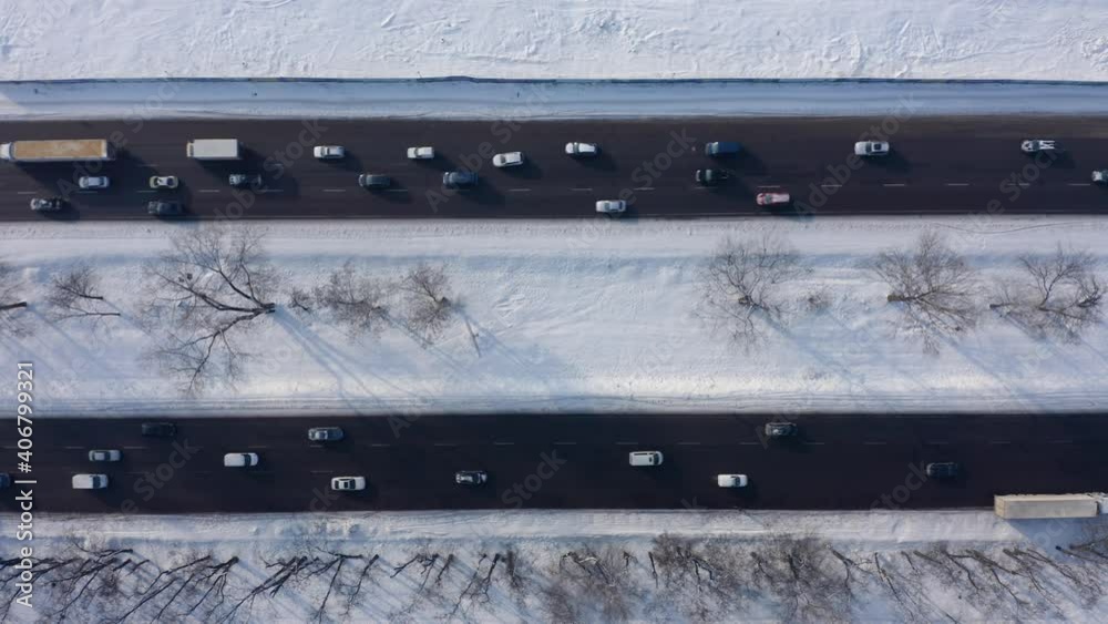 Aerial view of traffic on a winter road Aerial view of traffic on a winter road
