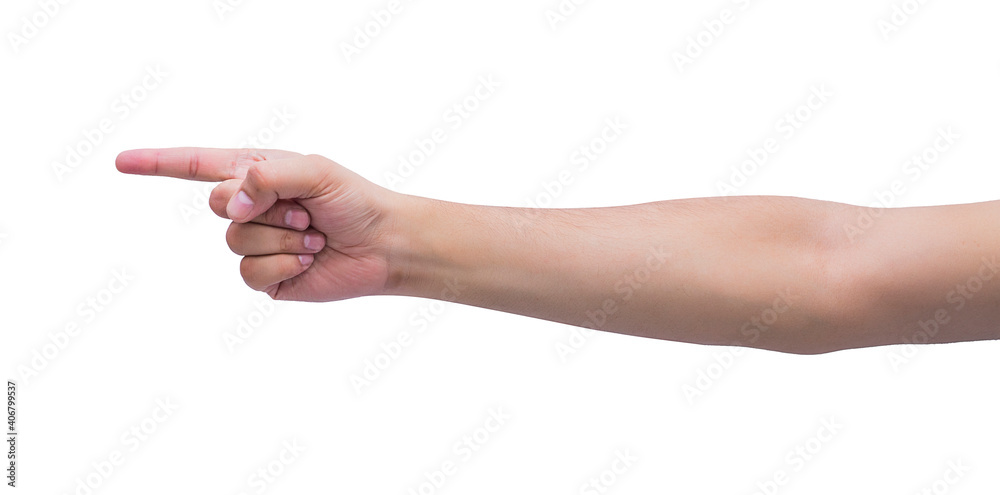 Closeup of male hand pointing. Isolated on white background Closeup of male hand pointing. Isolated on white background
