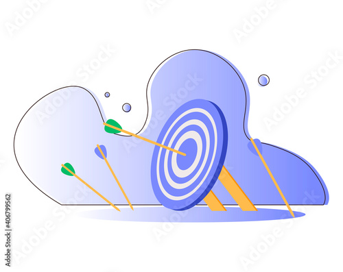 Cartoon arrows missed hitting target mark isolated on white background. Multiple fail inaccurate attempt hit archery goal vector illustration. 