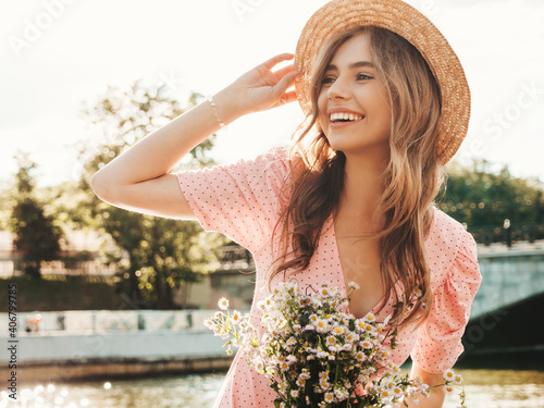 Fototapete Young beautiful smiling hipster woman in trendy summer sundress