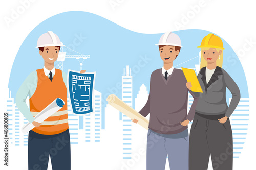 Architect and engineers people with plans at city vector design