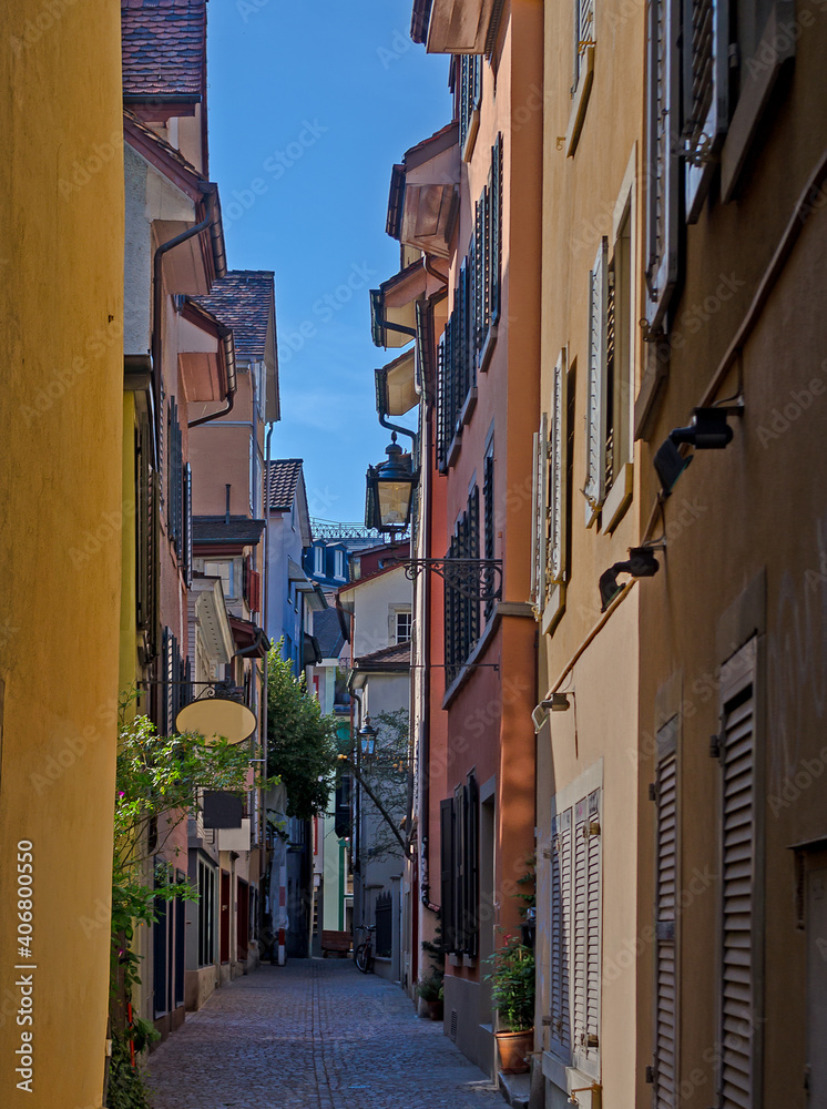 A colorful narrow backstreet in Zurich, Switerland