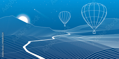 Hot air balloons flying over the mountains .Highway in dunes. Sunset behind the rocks. Night scene. White lines on blue background. Vector design outline art
