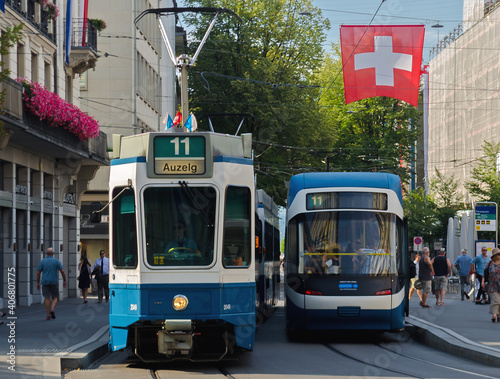 Trams passing each other in Zurich, Switzerland