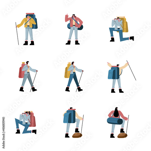 Hiker people cartoons with bags and sticks icon collection vector design