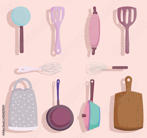 cooking utensils cutlery ladle mixer spatula cutting board pot and saucepan in cartoon style