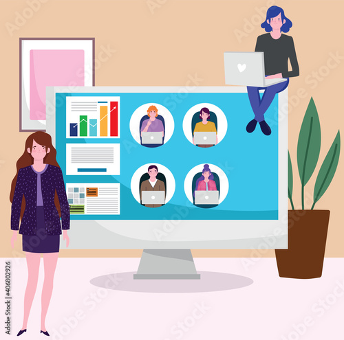 business woman video call meeting at office by using computer, people working