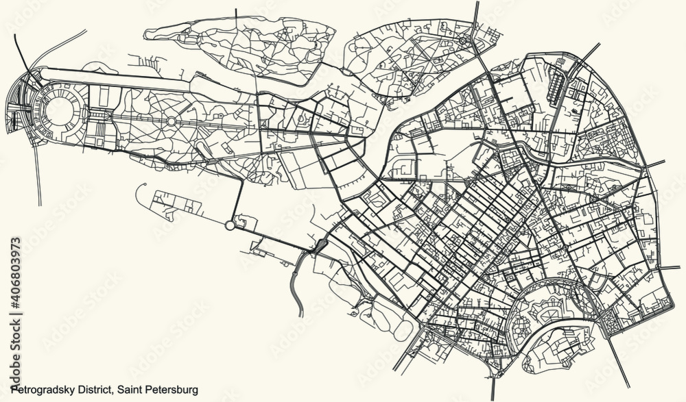 Fototapeta premium Black simple detailed street roads map on vintage beige background of the neighbourhood Petrogradsky District of Saint Petersburg, Russia